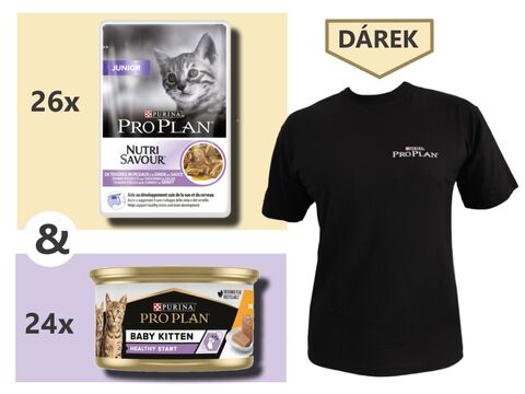 Balíček Pro Plan kapsa Kitten 26x 85 g +PP Baby Kitten konze 24x 85g+ dárek ProPlan tričko