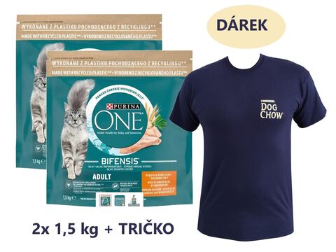 Balíček Purina ONE adult cat 2x1,5 kg kuře a celozrnné obiloviny + Purina tričko