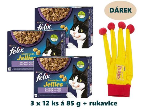 BalíčekFelix Sensations v želé 3 x 12 x 85 g  krůta špen,jehně,zvěř.,ryby+ rukavice 