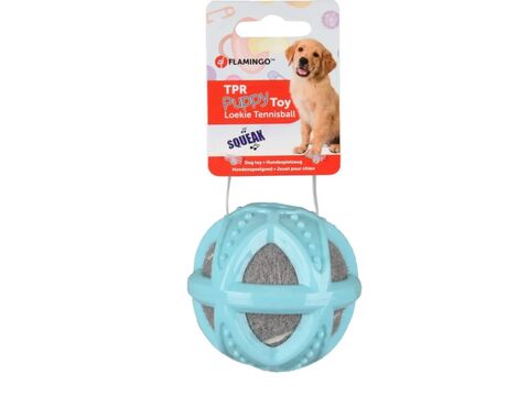 Flamingo hračka pro psa míč pískací 7 cm s tenisákem guma modrý