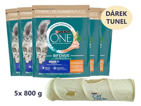 Balíček Purina ONE 5 x 800g BIFENSIS Senior 7+ s kuřetem a celozrnnými obil.+ dárek tunel 