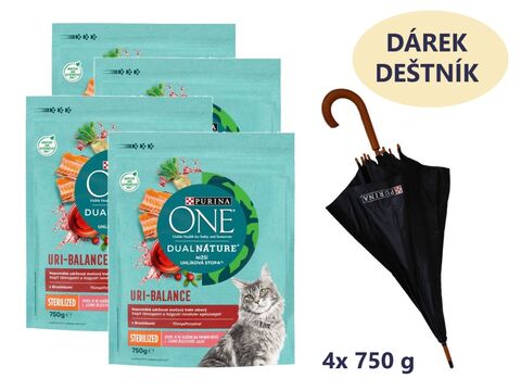 Balíček Purina ONE Dual Natur adult cat Sterilized 4x750 g brusin. s los. + Purina deštník