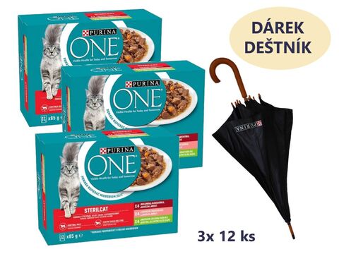 Balíček Purina ONE Sterilcat 3x12 x 85 g kapsa hovězí,losos,krůta + Purina deštník